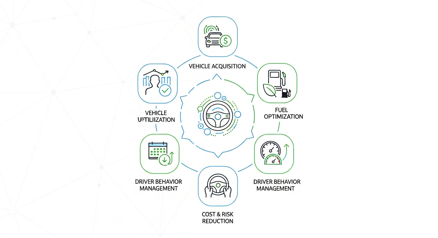 "An illustration highlighting the five key elements of effective fleet management process."