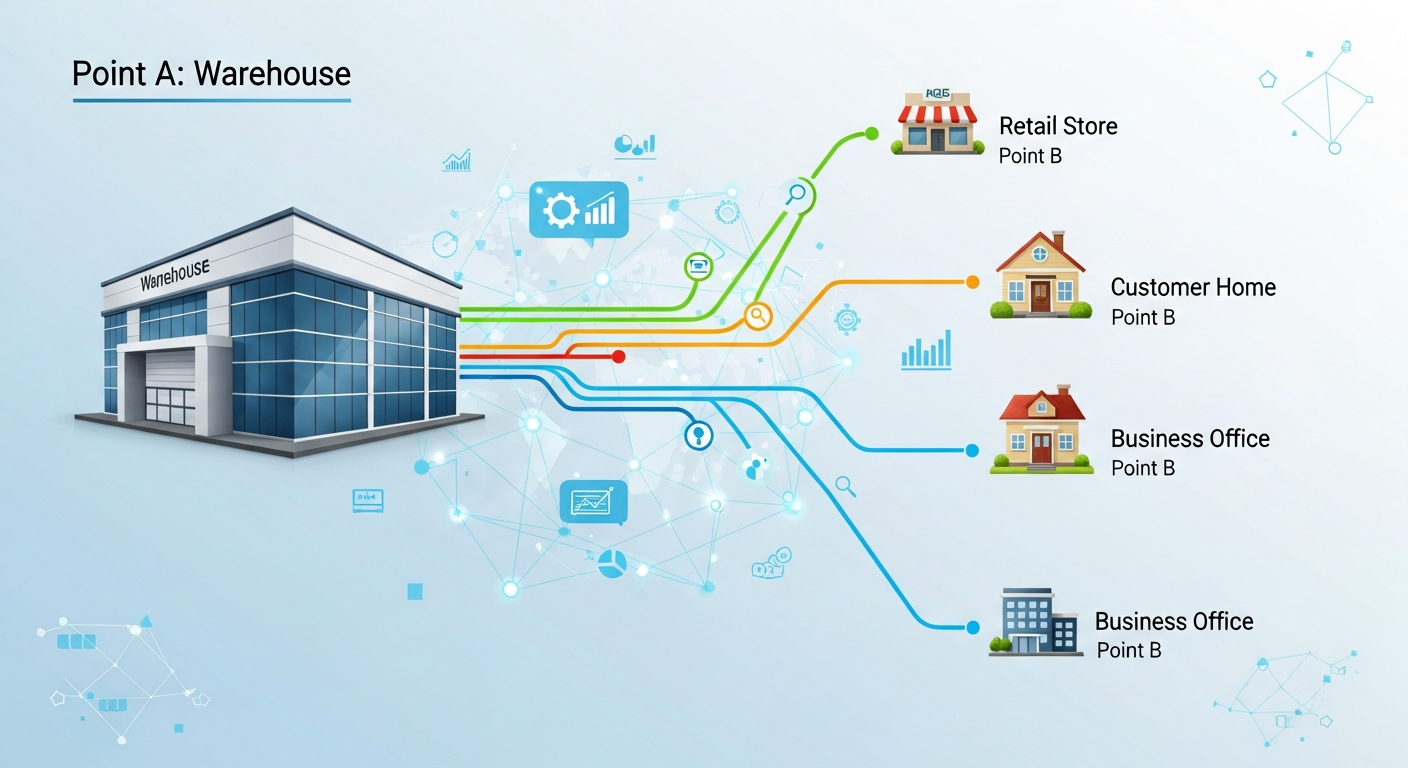 "An overview of a Transportation Management System (TMS) showing optimized goods movement from warehouse to multiple destinations like retail stores and customer homes."