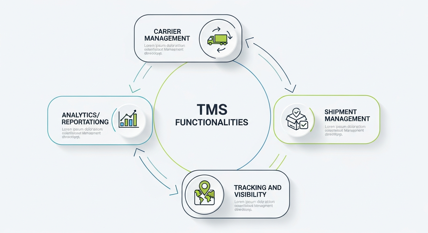 "An infographic showing the core functionalities of a TMS: carrier management, shipment management, tracking & visibility, and analytics & reporting."