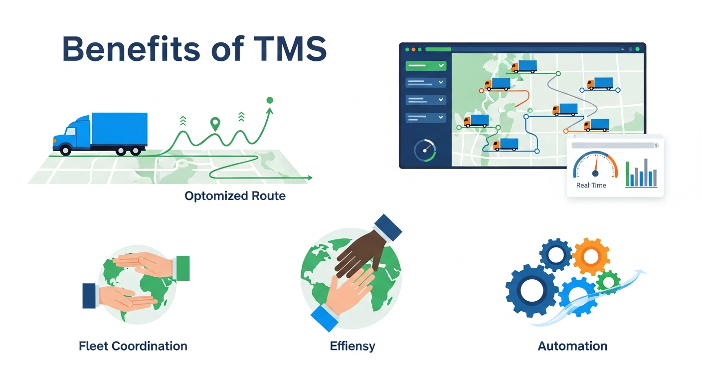 "An infographic summarizing the key benefits of a TMS: route optimization, real-time visibility, fleet coordination, automation, and improved planning."