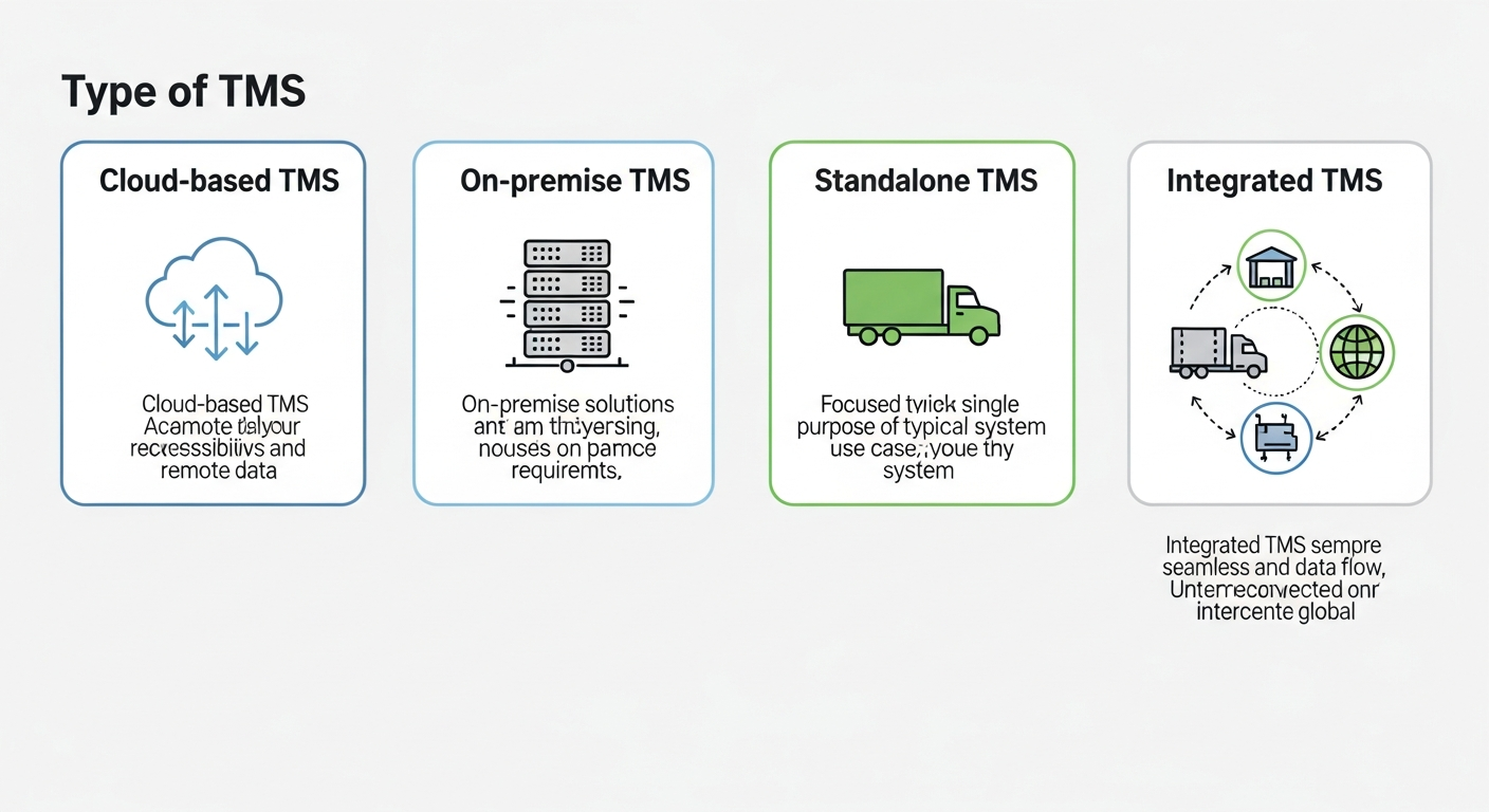 "An infographic displaying various types of TMS solutions: Cloud-based, On-premise, Standalone, and Integrated systems."