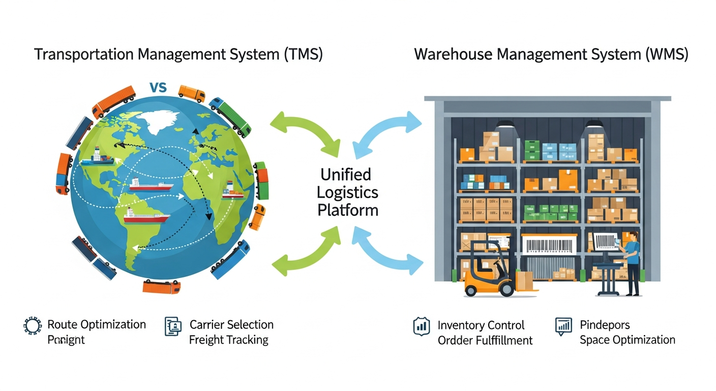 "An infographic illustrating the distinct roles of TMS (Transportation Management System) focusing on logistics movement and WMS (Warehouse Management System) managing distribution and inventory, with a visual of their integration."