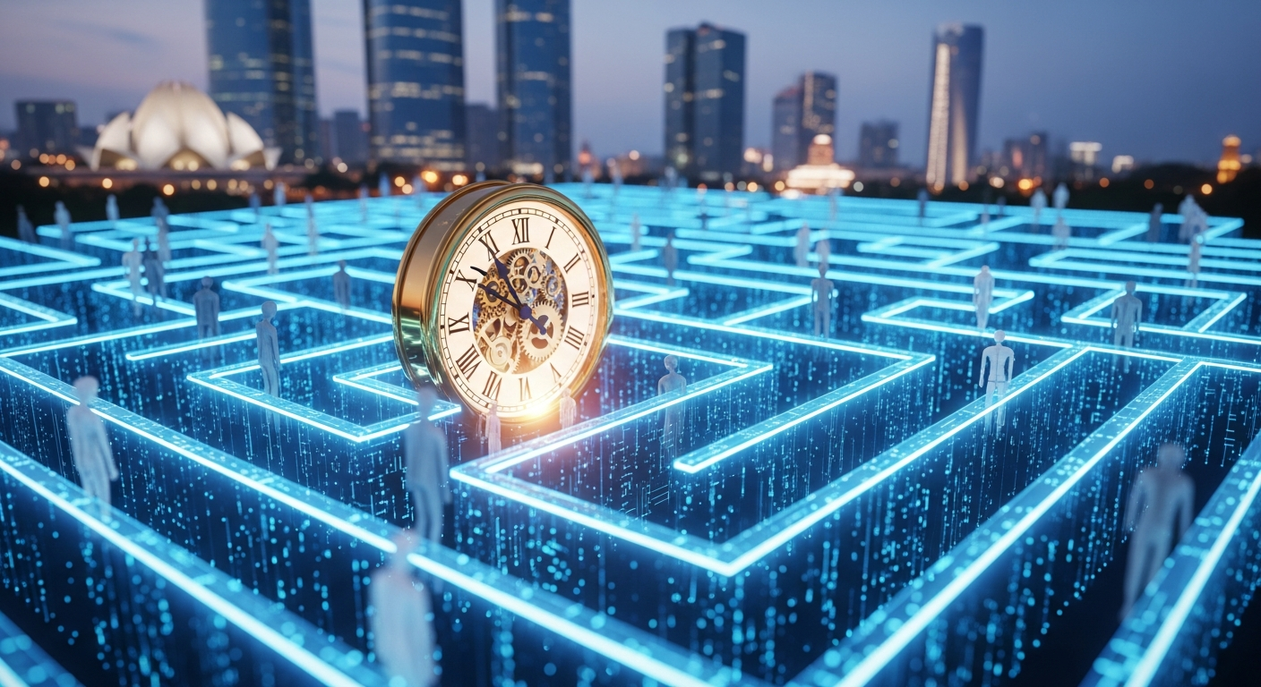 "A digital maze with tight deadlines, symbolizing the complex and time-sensitive payroll compliance landscape in India."