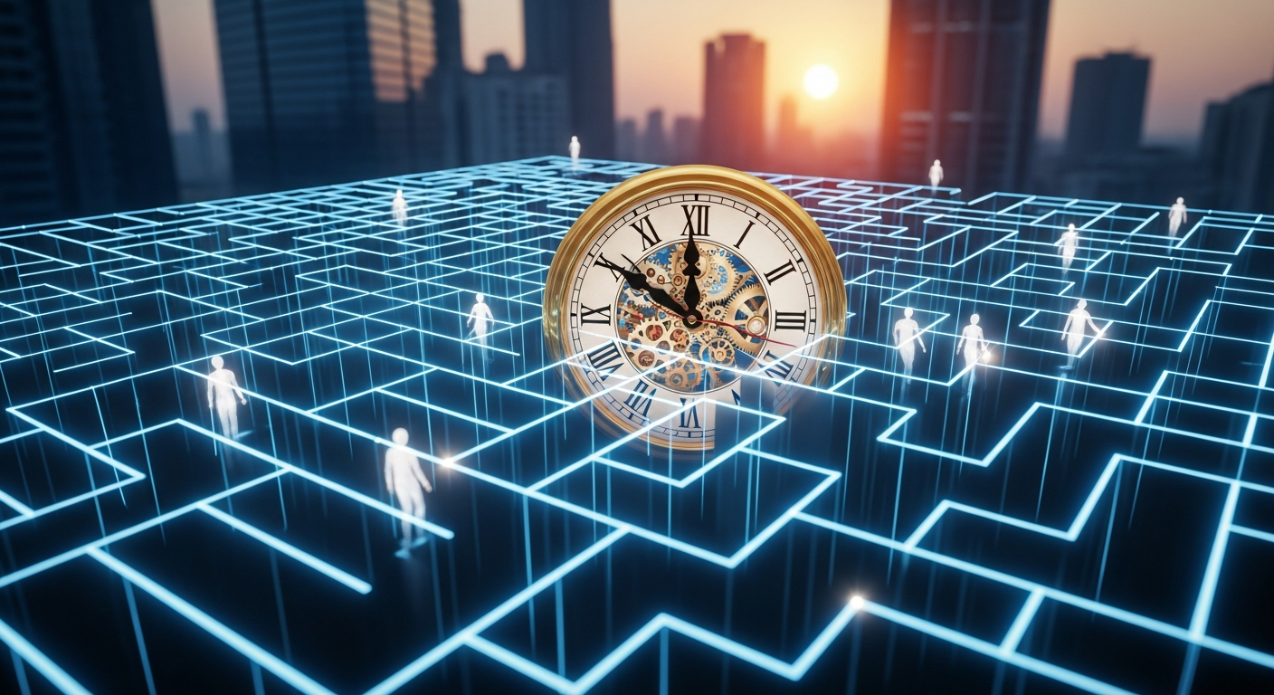 "A digital maze with tight deadlines, symbolizing the complex and time-sensitive payroll compliance landscape in India."