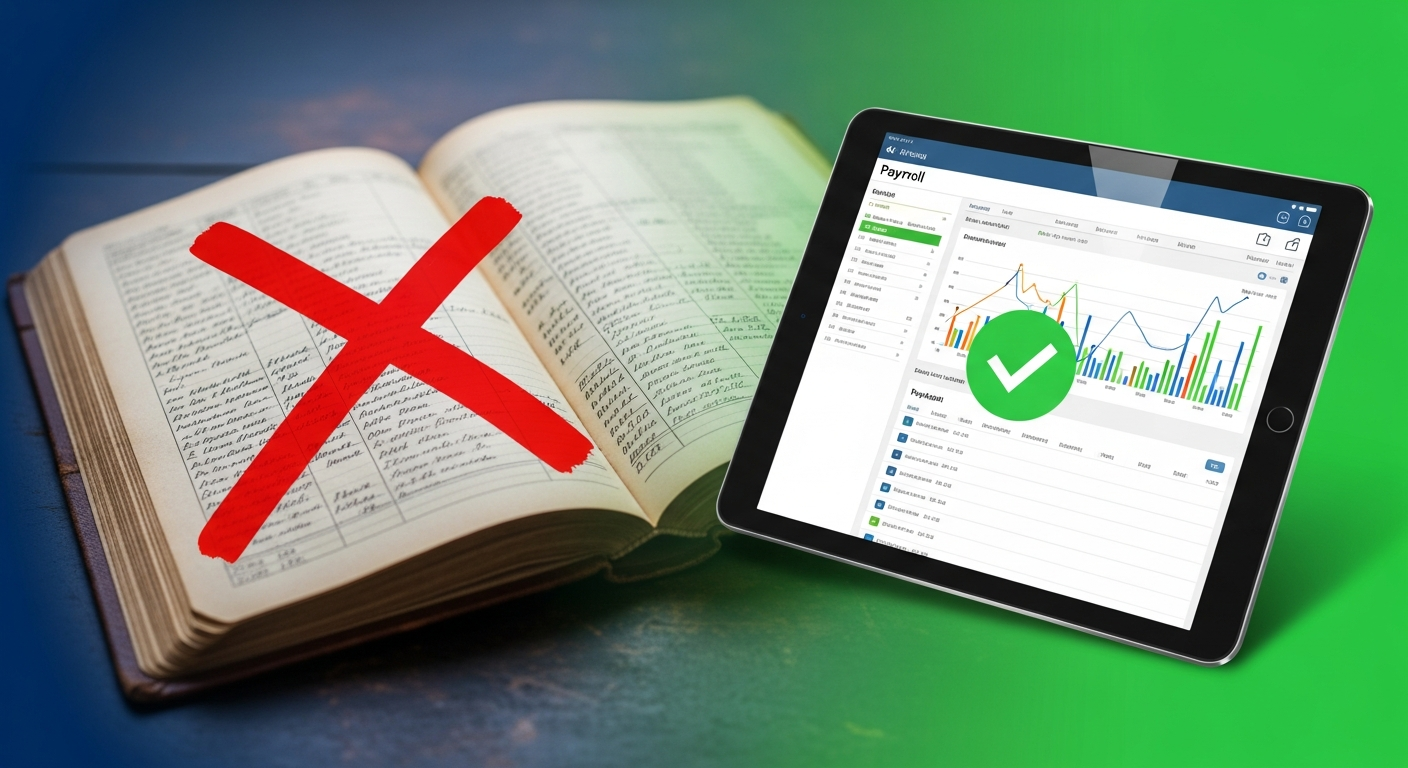 "A dusty ledger crossed out, next to a modern tablet with a green checkmark, symbolizing the shift from old manual systems to new digital payroll."