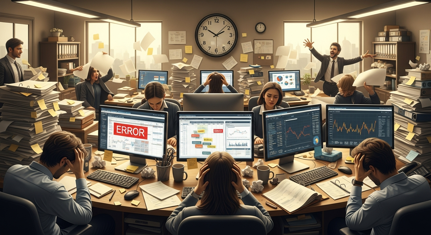 "A busy office with stressed workers manually processing data, illustrating the operational drag and inefficiencies caused by legacy logistics systems."