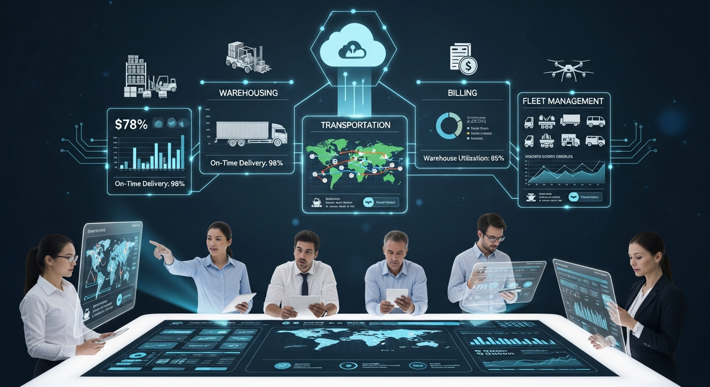 "A dynamic dashboard of a modern logistics ERP system, demonstrating unified operations, real-time data flow, and mobile capabilities across warehousing, transport, and billing."